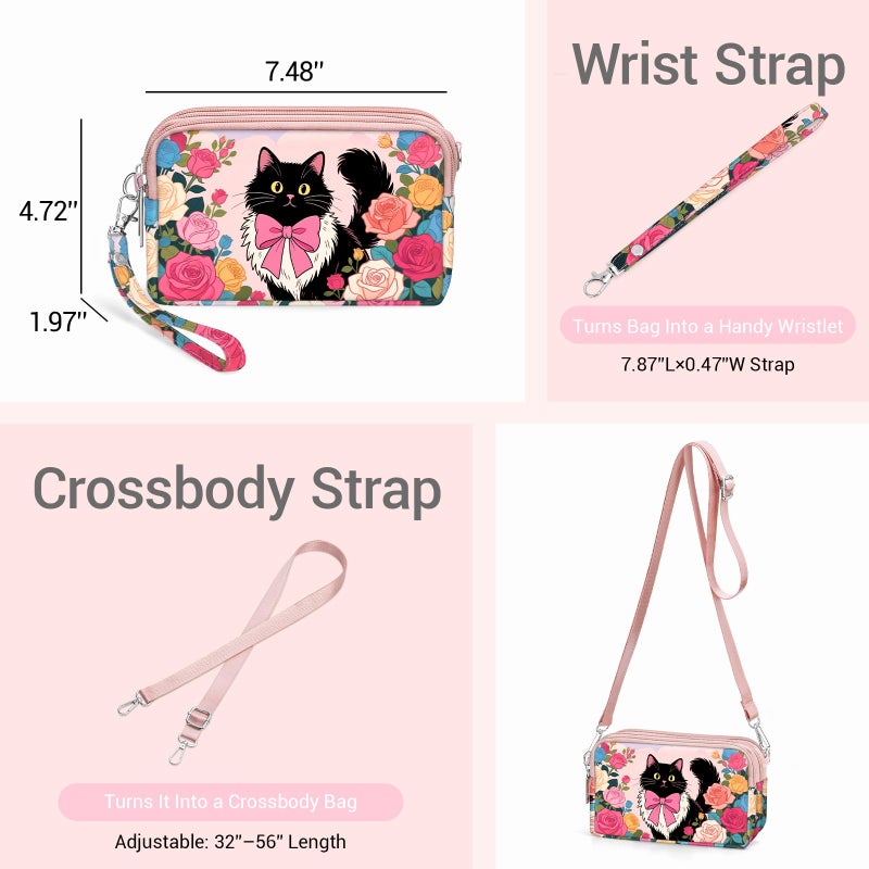 YINHEXI Small Crossbody Bag for Women Small Shoulder Handbags Nylon Quilted 3 Zippers Cell Phone Wallet Bag Purse for Women (Rose Tuxedo Cat) - Image 4
