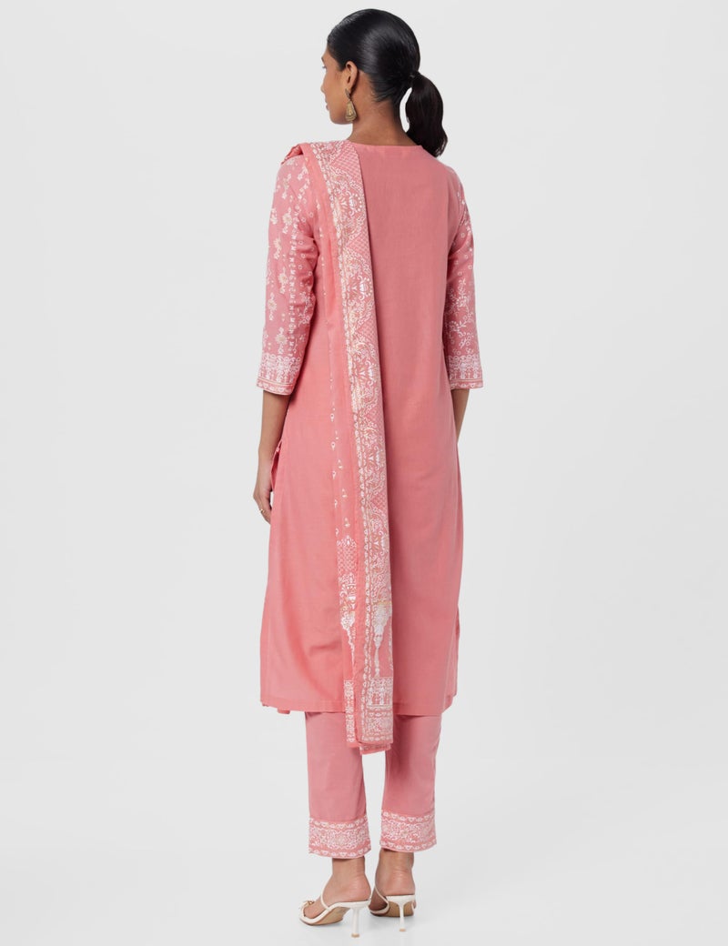Biba Women Cotton Printed Narrow Salwar Kurta Dupatta(Skdshweth S8632_Light Coral_32), Pink - Image 3