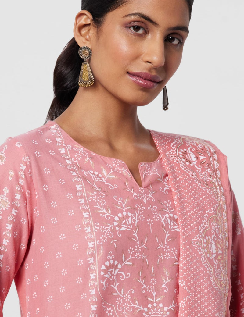 Biba Women Cotton Printed Narrow Salwar Kurta Dupatta(Skdshweth S8632_Light Coral_32), Pink - Image 4