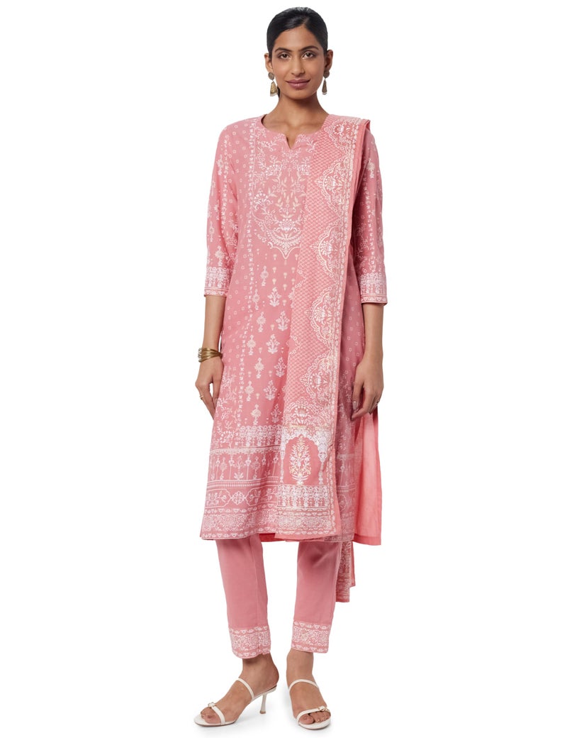 Biba Women Cotton Printed Narrow Salwar Kurta Dupatta(Skdshweth S8632_Light Coral_32), Pink - Image 1