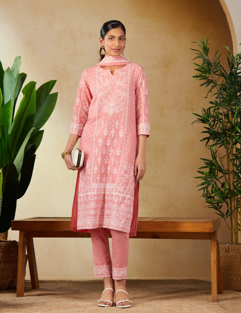 Biba Women Cotton Printed Narrow Salwar Kurta Dupatta(Skdshweth S8632_Light Coral_32), Pink - Image 2