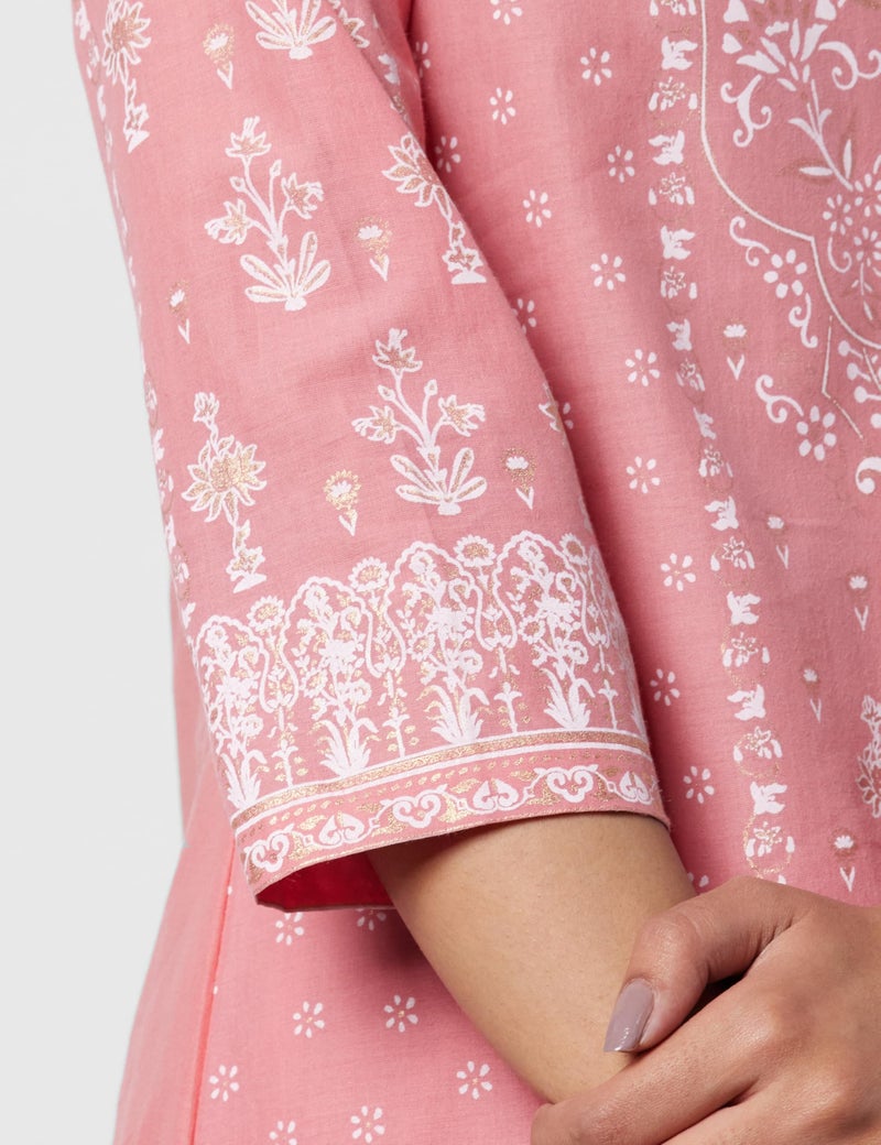 Biba Women Cotton Printed Narrow Salwar Kurta Dupatta(Skdshweth S8632_Light Coral_32), Pink - Image 5