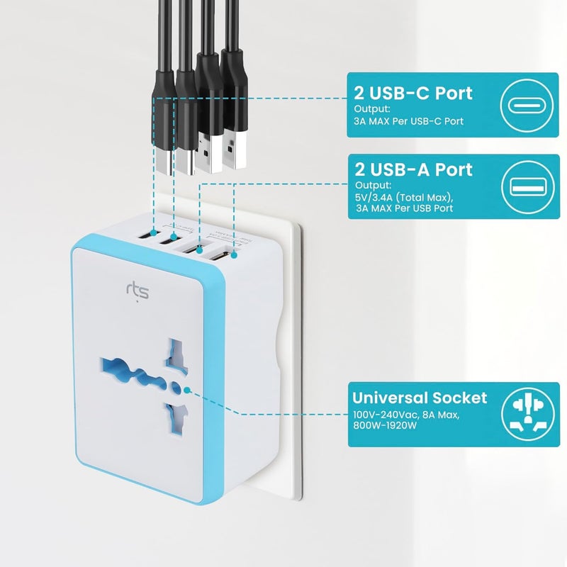 RTS Universal Travel Adapter with Type C USB C 2 Type C 2 USB All in One Worldwide Travel Essentials Charger - Image 4