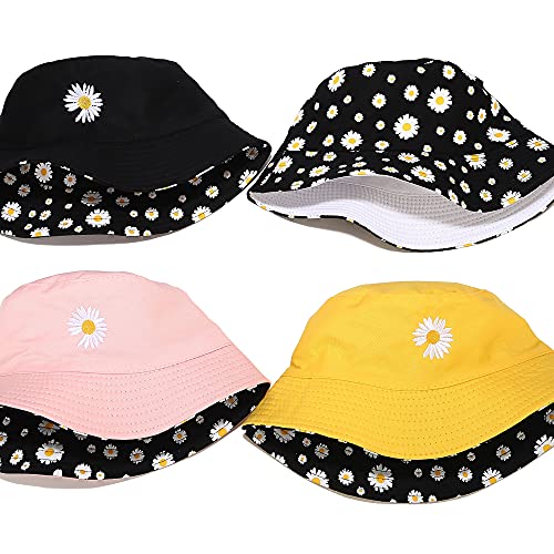 EYBF Flower Reversible Bucket Hat Summer Travel Beach Sun Hats Emboridery Vistor Cap (756 Pink/Black) - Image 4