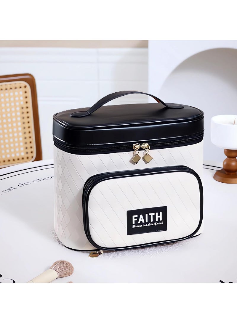 Faith Makeup Bag Waterproof Cosmetic Bag Leather Makeup Travel Bag Portable Makeup Large Capacity Makeup Brush Bag Multifunctional Makeup Organizer Bag (Black) - Image 1