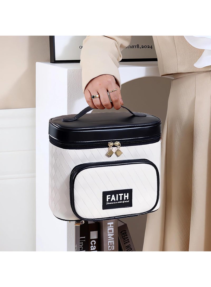Faith Makeup Bag Waterproof Cosmetic Bag Leather Makeup Travel Bag Portable Makeup Large Capacity Makeup Brush Bag Multifunctional Makeup Organizer Bag (Black) - Image 2