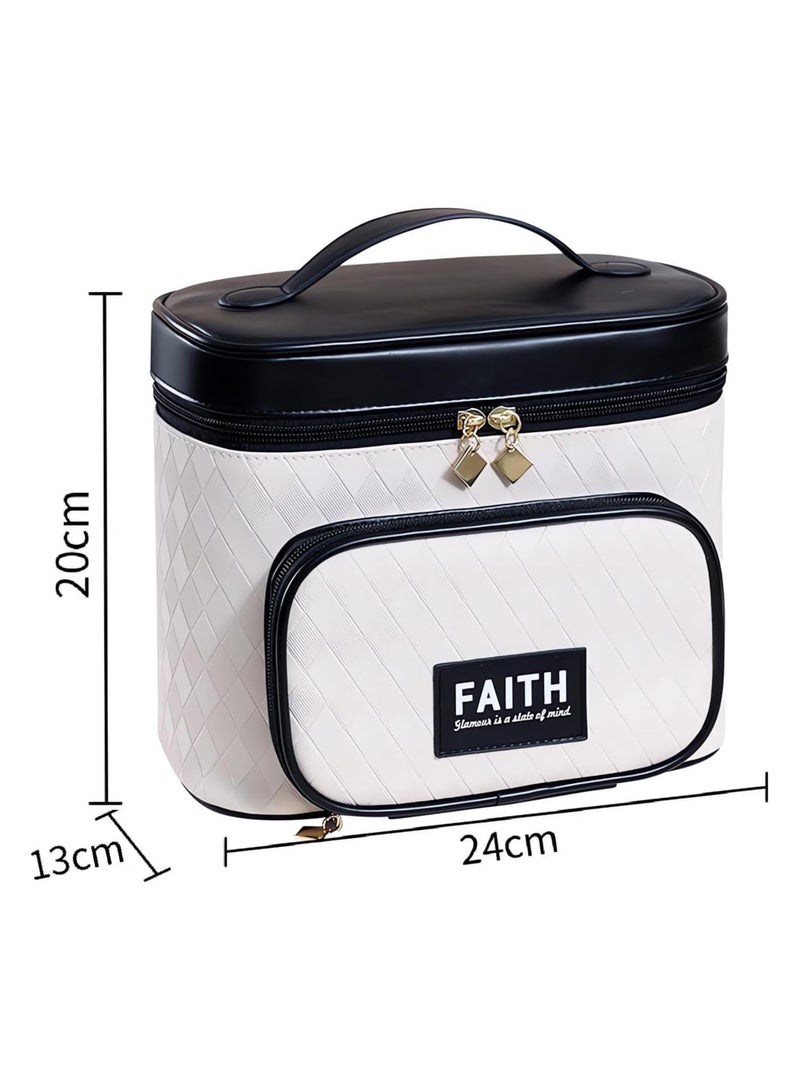 Faith Makeup Bag Waterproof Cosmetic Bag Leather Makeup Travel Bag Portable Makeup Large Capacity Makeup Brush Bag Multifunctional Makeup Organizer Bag (Black) - Image 3