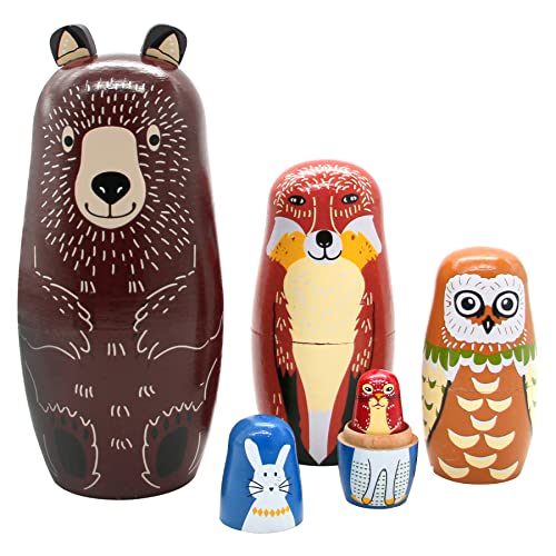 Conzy Russian Nesting Dolls for Kids Stacking Wooden Handmade Matryoshka Dolls 5 Piece Cute Cartoon Animal Pattern Great Toy Gift for Girls Boys Birthday or Home Decoration Brown - Image 1