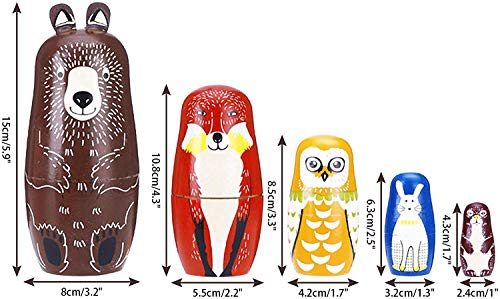 Conzy Russian Nesting Dolls for Kids Stacking Wooden Handmade Matryoshka Dolls 5 Piece Cute Cartoon Animal Pattern Great Toy Gift for Girls Boys Birthday or Home Decoration Brown - Image 5