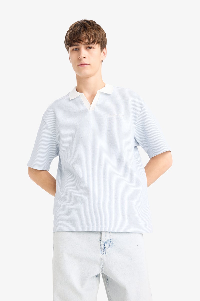 DeFacto Blue Man Boxy Fit Striped Polo T-Shirt Casual - Image 4