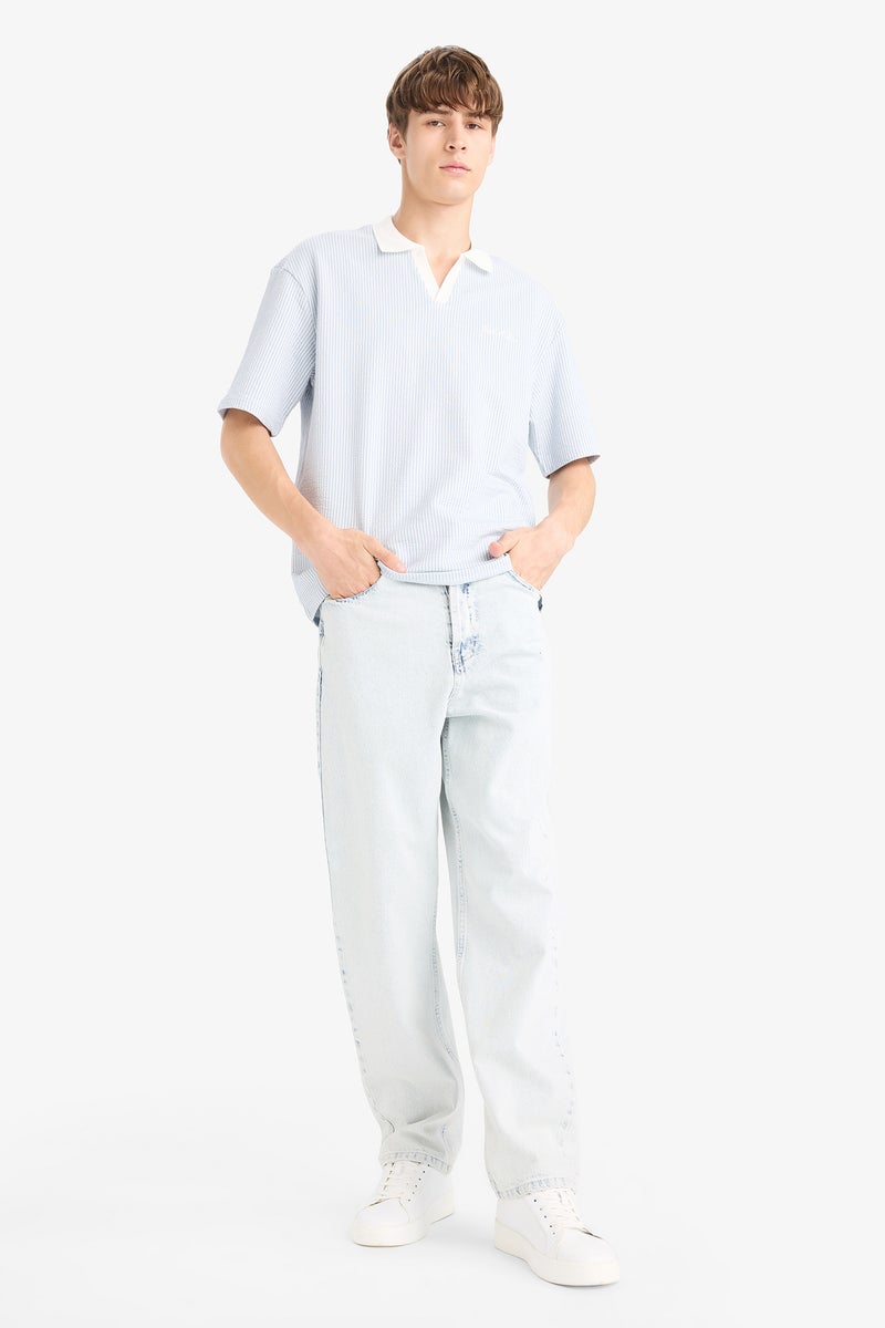 DeFacto Blue Man Boxy Fit Striped Polo T-Shirt Casual - Image 3