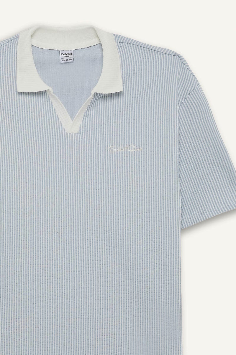 DeFacto Blue Man Boxy Fit Striped Polo T-Shirt Casual - Image 5