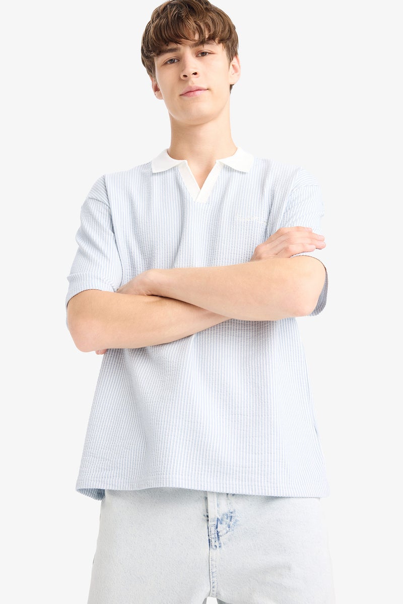 DeFacto Blue Man Boxy Fit Striped Polo T-Shirt Casual - Image 1