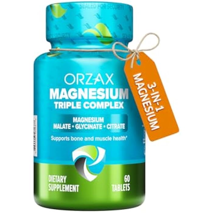 ORZAX Magnesium Triple Complex | Magnesium Glycinate, Citrate, Malate | Vegan, Gluten Free, Dairy Free, Halal | 200 mg of Triple Complex Magnesium for Muscles & Energy for Women and Men | 60 Tablets - Image 1