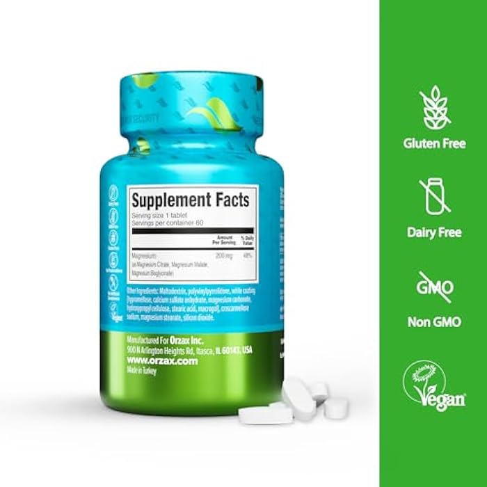 ORZAX Magnesium Triple Complex | Magnesium Glycinate, Citrate, Malate | Vegan, Gluten Free, Dairy Free, Halal | 200 mg of Triple Complex Magnesium for Muscles & Energy for Women and Men | 60 Tablets - Image 2