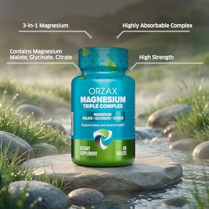ORZAX Magnesium Triple Complex | Magnesium Glycinate, Citrate, Malate | Vegan, Gluten Free, Dairy Free, Halal | 200 mg of Triple Complex Magnesium for Muscles & Energy for Women and Men | 60 Tablets - Image 3