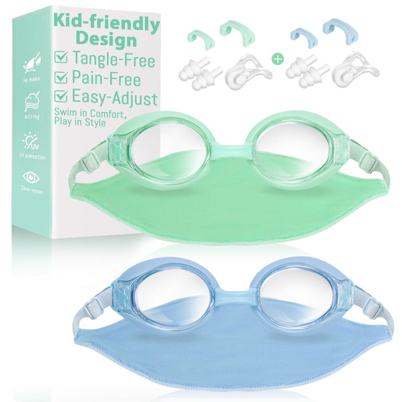 Pixel Panda 2 Pack Kids Swim Goggles with Fabric Strap for 3-14 Anti-Fog Anti-UV, No Leak No Hair Pulling Swimming Goggles Boys Girls Youth Toddlers Pool Water Protection(Green and Blue) - Image 1