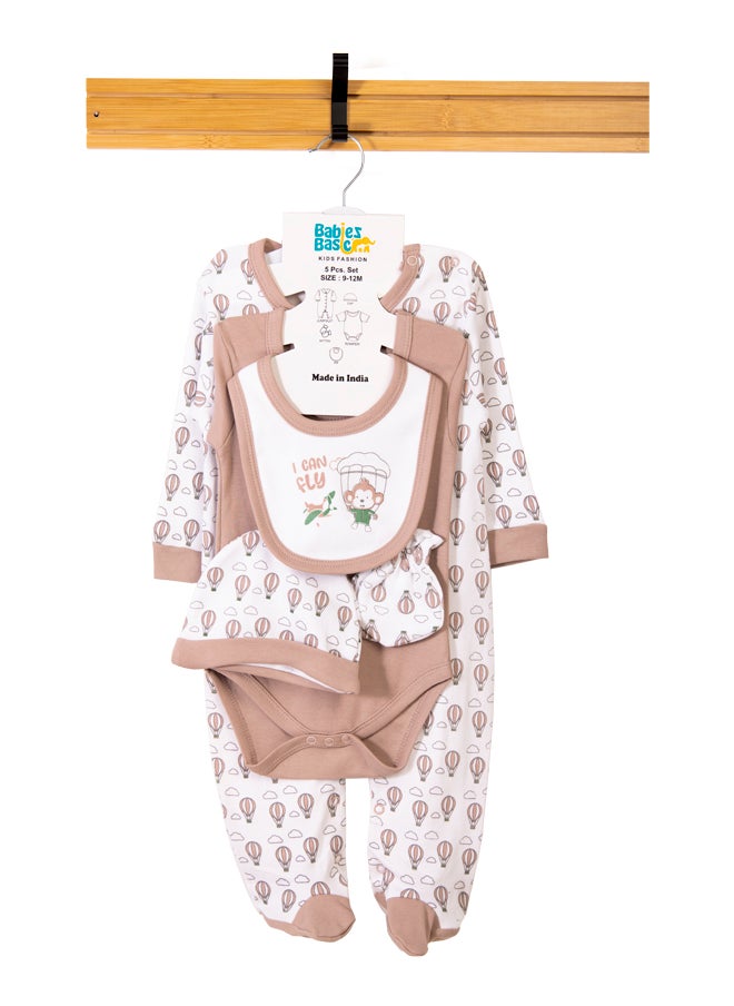 Babies Basic 5 Piece Unisex 100% Cotton Gift Set Include Bib, Romper, Mittens, Cap And Sleepsuit/Jumpsuit- I Can Fly  - Image 1