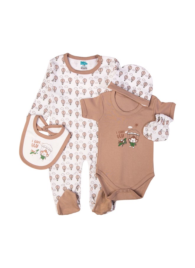 Babies Basic 5 Piece Unisex 100% Cotton Gift Set Include Bib, Romper, Mittens, Cap And Sleepsuit/Jumpsuit- I Can Fly  - Image 2