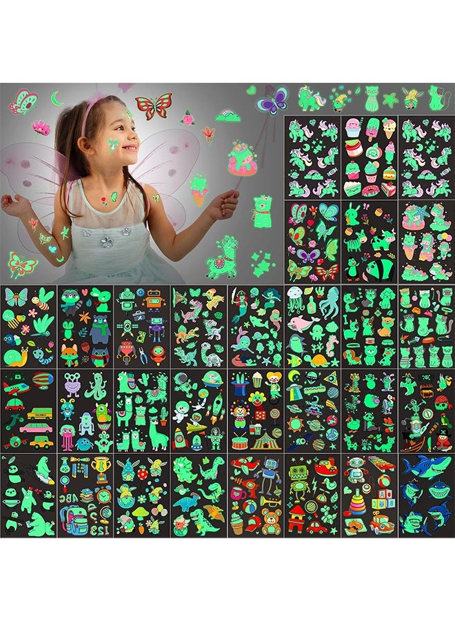 30 Sheets Glitter Temporary Tattoos for Kids Waterproof Butterfly Mermaid Unicorn Cartoon Stickers Glow Tattoo for Girls Birthday Party Favors Goodie Bags Fillers(Luminous Pattern) - Image 1
