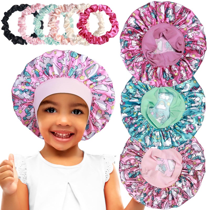 3pcs Satin Bonnets for Kids Sleeping Cute Hair Bonnet with Scrunchies for Girls Curly Hair A