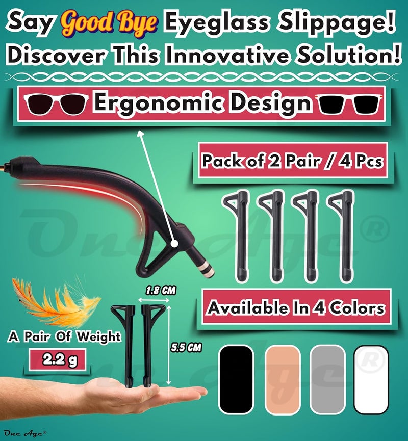 ONEAGE ONE AGE [Pack of 4pcs/2 Pairs Secure Fit Anti-Slip Silicone Ear Grips Guard Specs Holder Grip Temple Tips Rim Eyewear Retainer Sleeves Eyeglasses Spectacles Sunglasses Goggles for Sports Kids Adults - Image 3