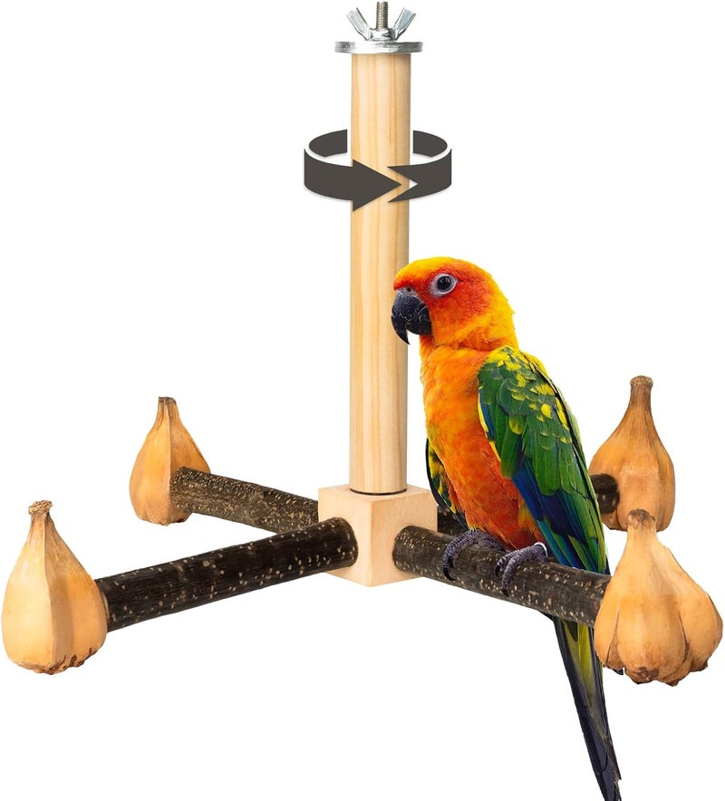 Agape Rotating Parrot Perch Toy, Natural Wooden Stand for Small & Medium Birds, Bird Cage Accessory with Exercise Wheel for Parakeets, Cockatiels Lovebirds Conures Finches Budgies - Image 1