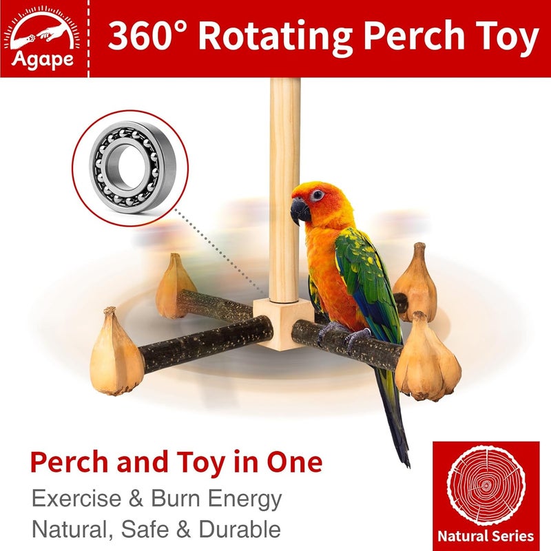 Agape Rotating Parrot Perch Toy, Natural Wooden Stand for Small & Medium Birds, Bird Cage Accessory with Exercise Wheel for Parakeets, Cockatiels Lovebirds Conures Finches Budgies - Image 2