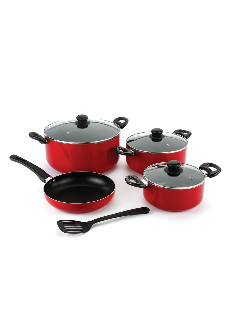 DELCASA Delcasa 8 Piece Non Stick Cookware Set DC2912 30x13.5 cm casserole with lid, a 24x11 cm casserole with lid, a 20x9 cm casserole with lid, a 24x5 cm frypan, and a nylon turner  - Image 1