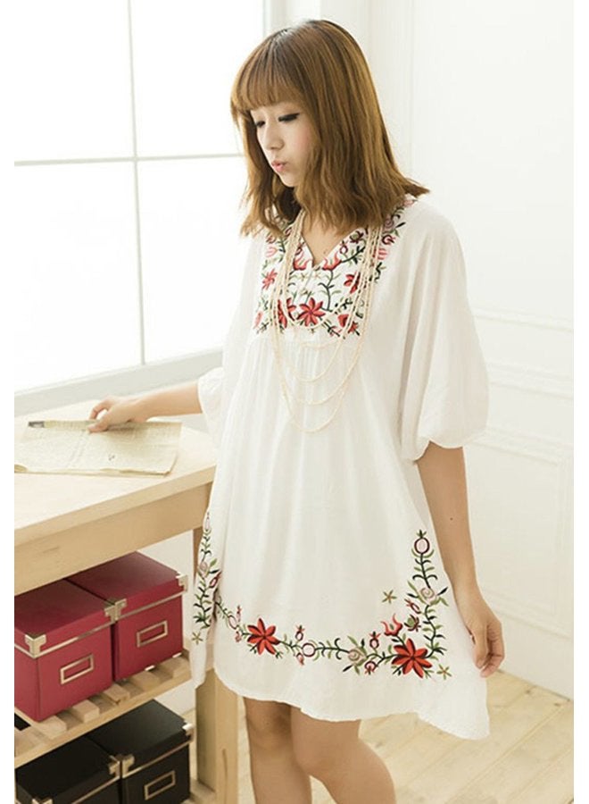 Kafeimali Summer Dress V Neck Mexican Embroidered Peasant Women's Dressy Tops Blouses, White, L - Image 3