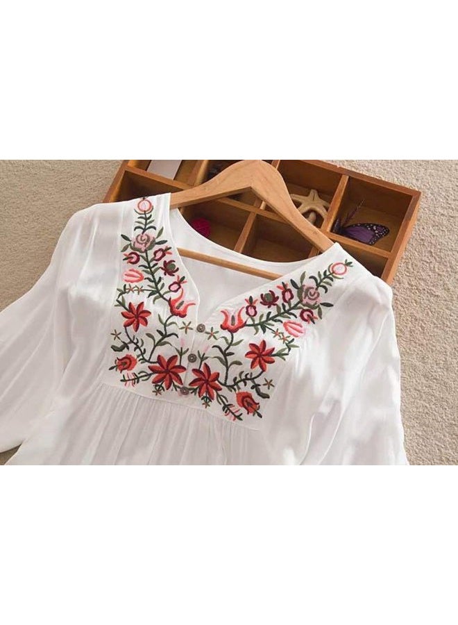 Kafeimali Summer Dress V Neck Mexican Embroidered Peasant Women's Dressy Tops Blouses, White, L - Image 4