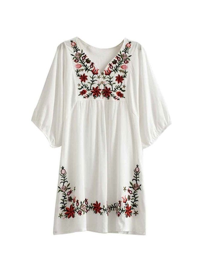 Kafeimali Summer Dress V Neck Mexican Embroidered Peasant Women's Dressy Tops Blouses, White, L - Image 1