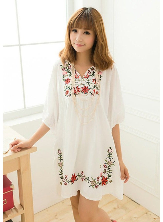 Kafeimali Summer Dress V Neck Mexican Embroidered Peasant Women's Dressy Tops Blouses, White, L - Image 2