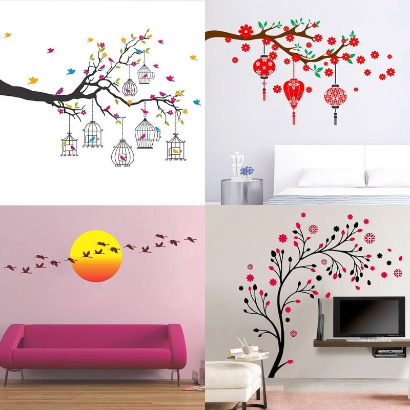 MERICAL PVC Vinyl Set of 4 Branches Flowers & Birdcages, Magical Tree, Red Flower Lantern, Sunrise Flying Bird Wall Self-Adhesive Sticker for Wall Decor, Living Room, Children Room, 5 cms - Image 1