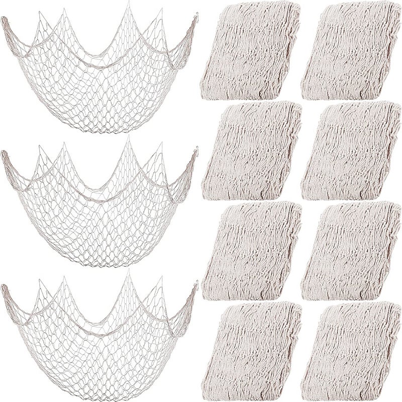 8 Pcs Fish Net Decorative Party Supplies 787 x 59 Inch Nautical Party Decorations Natural Cotton Fishnet Party Accessory for Hawaiian Pirate Fishing Undersea Theme Party Favor Beige