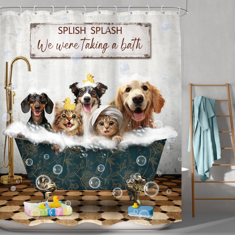 LGhtyro Funny Dogs Cats Shower Curtain Bathroom Set 60Wx71H Inches Wash Your Paws Doggy Cute Lovely Rustic Animals for Kids Boys Bath Accessories Girls Farmhouse Art Home Decor Fabric 12 Pack Hooks - Image 1