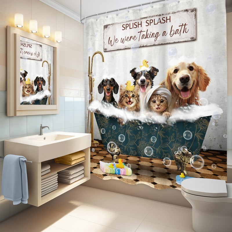 LGhtyro Funny Dogs Cats Shower Curtain Bathroom Set 60Wx71H Inches Wash Your Paws Doggy Cute Lovely Rustic Animals for Kids Boys Bath Accessories Girls Farmhouse Art Home Decor Fabric 12 Pack Hooks - Image 3