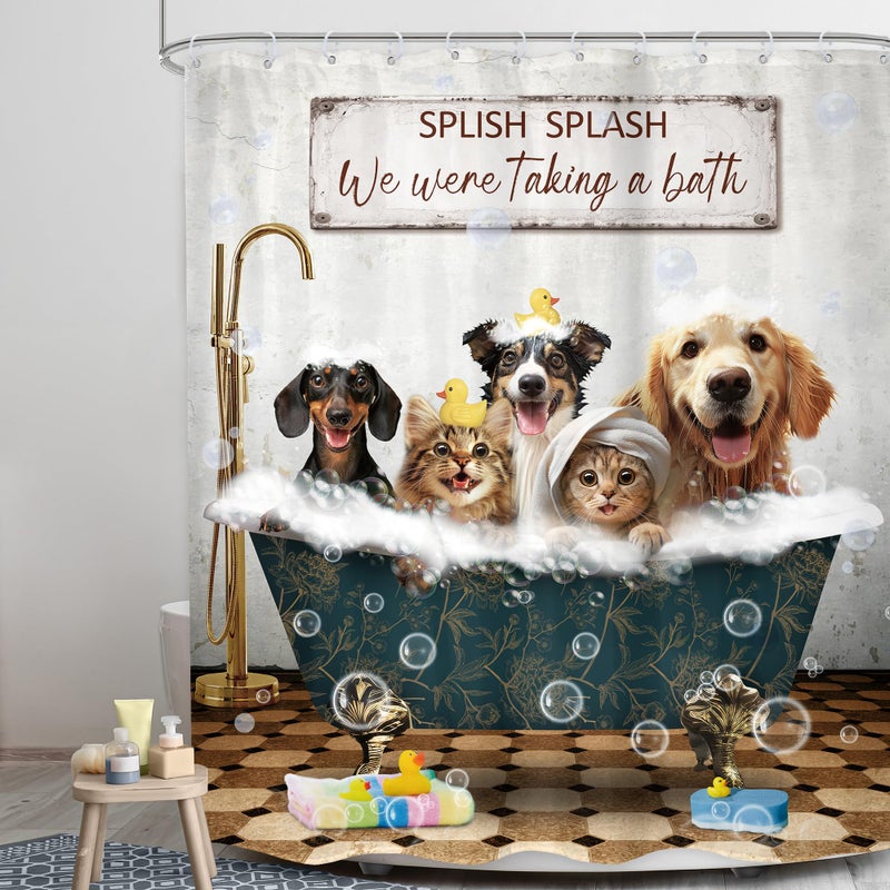 LGhtyro Funny Dogs Cats Shower Curtain Bathroom Set 60Wx71H Inches Wash Your Paws Doggy Cute Lovely Rustic Animals for Kids Boys Bath Accessories Girls Farmhouse Art Home Decor Fabric 12 Pack Hooks - Image 2