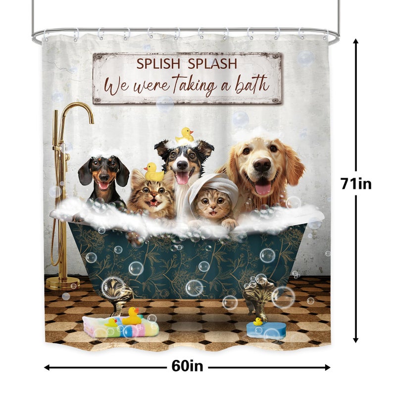 LGhtyro Funny Dogs Cats Shower Curtain Bathroom Set 60Wx71H Inches Wash Your Paws Doggy Cute Lovely Rustic Animals for Kids Boys Bath Accessories Girls Farmhouse Art Home Decor Fabric 12 Pack Hooks - Image 4