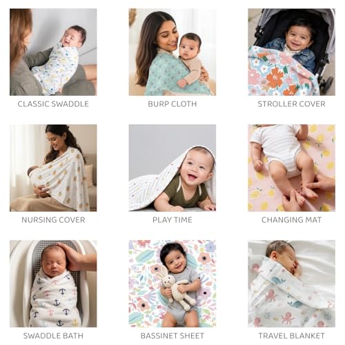 haus & kinder 100% Cotton Muslin Swaddle Wrap for New Born Baby | Pack of 5 (100×100 cm) | Baby Blanket & Swaddles for Newborn | Eleflora Collection - Image 4