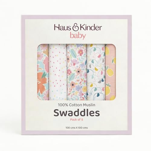 haus & kinder 100% Cotton Muslin Swaddle Wrap for New Born Baby | Pack of 5 (100×100 cm) | Baby Blanket & Swaddles for Newborn | Eleflora Collection - Image 2
