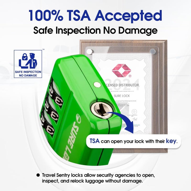SURE LOCK TSA Approved 4-Digit Resettable Combination Luggage Locks with Open Alert, Easy-Read Dials - for Luggage, School Lockers, Gym, Office, Toolbox & Security Cases(Green 4 Pack) - Image 2