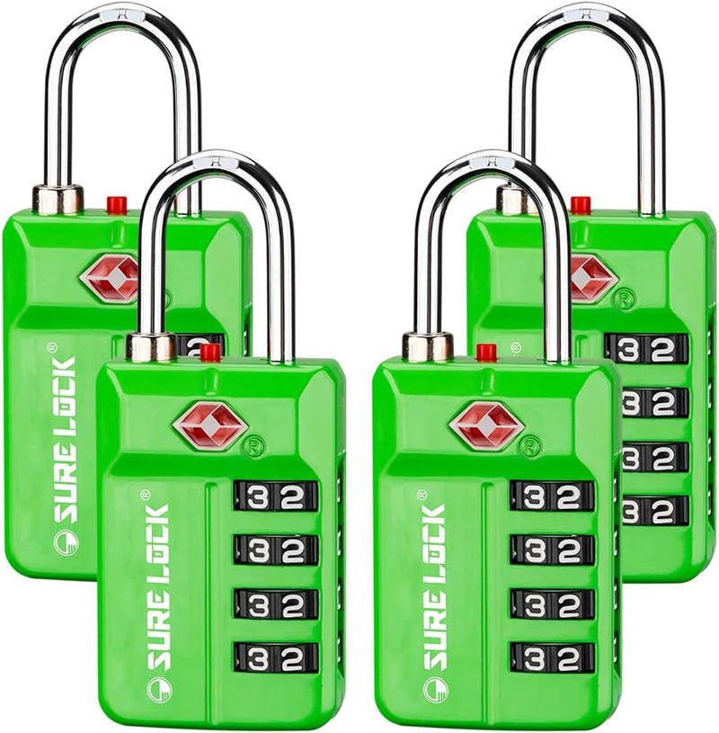SURE LOCK TSA Approved 4-Digit Resettable Combination Luggage Locks with Open Alert, Easy-Read Dials - for Luggage, School Lockers, Gym, Office, Toolbox & Security Cases(Green 4 Pack) - Image 1