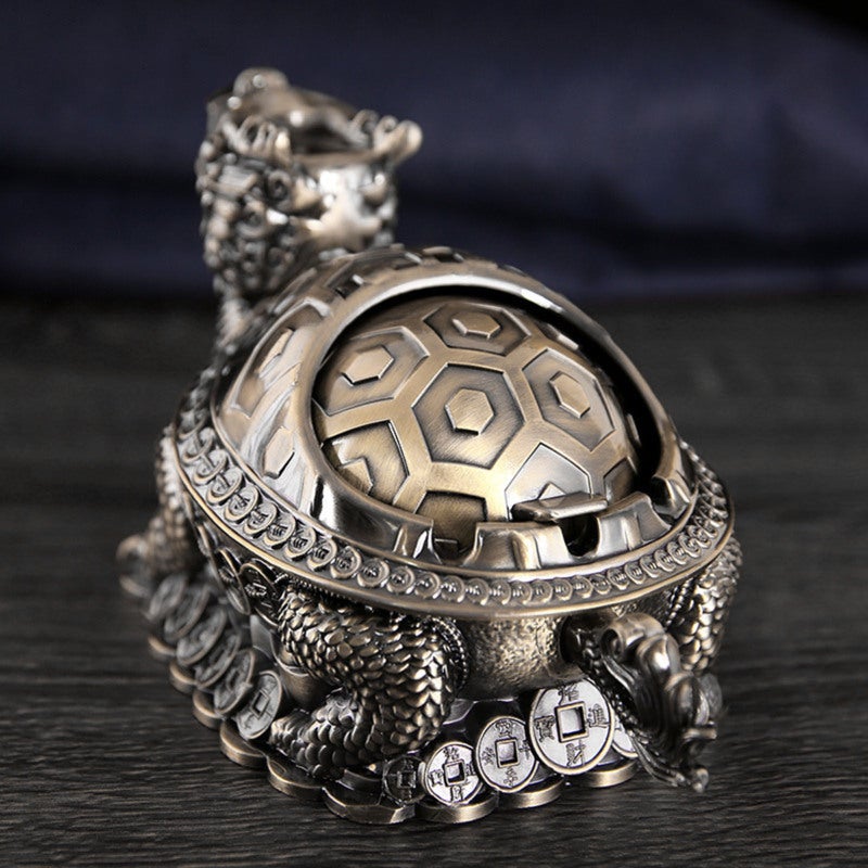 Vintage Ashtray: Zinc Alloy Construction, 3 Cigarette Slots, Windproof Tortoise Dragon Lid - Sturdy Durable, Eye Catching Tabletop Decoration for Family Office, Outdoor Use & Gift Giving - Image 1