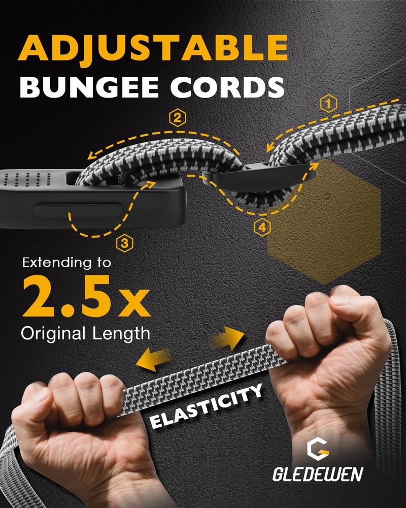 Gledewen Bungee Cords w/Steel Hooks, Heavy-Duty Flat Bungy Cords with Metal Hook, Adjustable Elastic Rope Strap, for Outdoor, Bike, Truck, Camping, Cargo, 220lbs Tensile Strength, Black&Gray, 40 in 4 PCS - Image 3