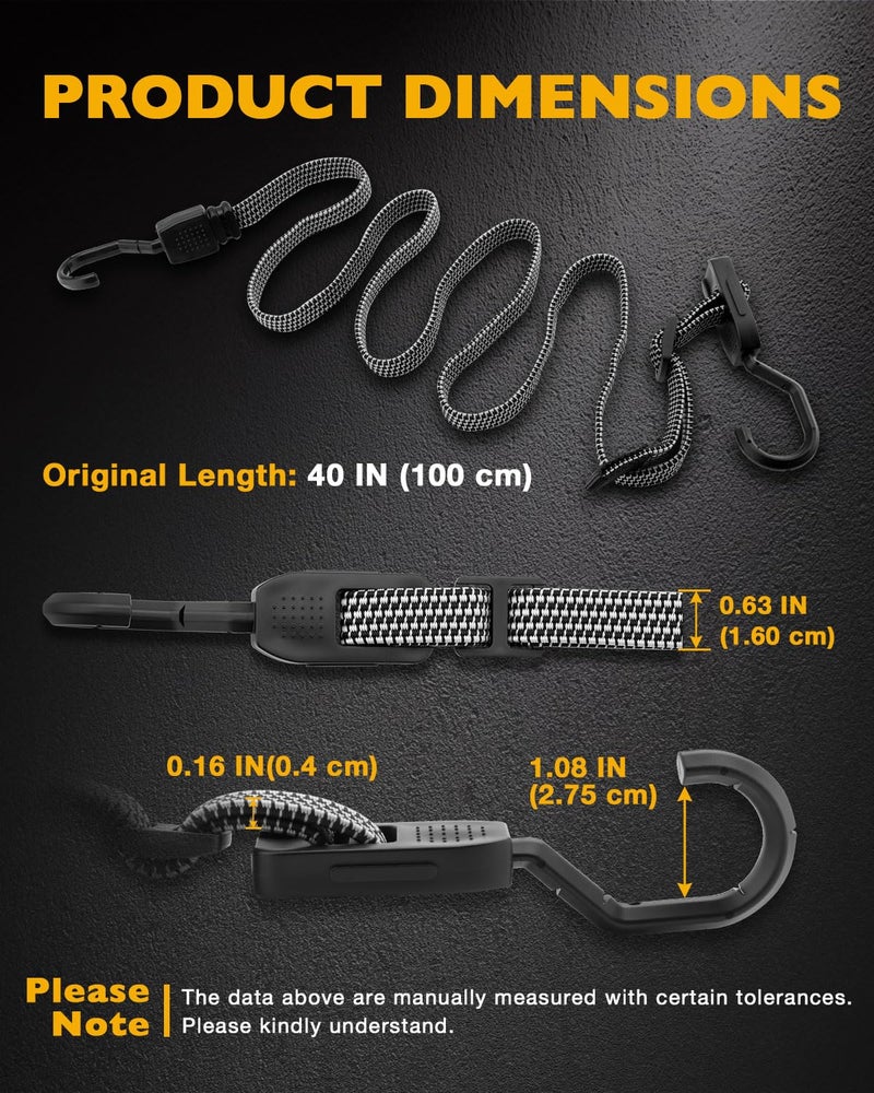 Gledewen Bungee Cords w/Steel Hooks, Heavy-Duty Flat Bungy Cords with Metal Hook, Adjustable Elastic Rope Strap, for Outdoor, Bike, Truck, Camping, Cargo, 220lbs Tensile Strength, Black&Gray, 40 in 4 PCS - Image 5