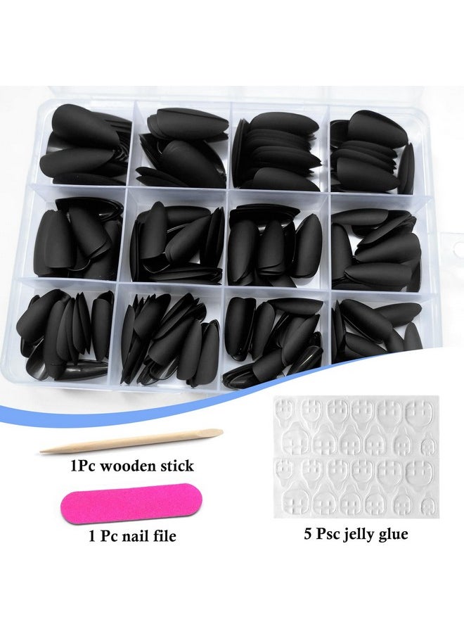 LifexTol - Lifextol 240PC Almond Press on Nails Medium Length Fake Nails Black Matte Almond Nails Press on Nail Short Stiletto False Nail Tips Colored Artificial Fingernail & Nail Glue Adhesive Tabs for Women - Image 1