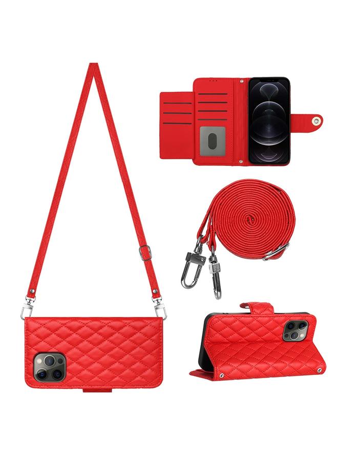 اس-توب جراب لهاتف iPhone 12 Pro Max مصنوع من الجلد بتصميم معيني مع حبل طويل - Image 1