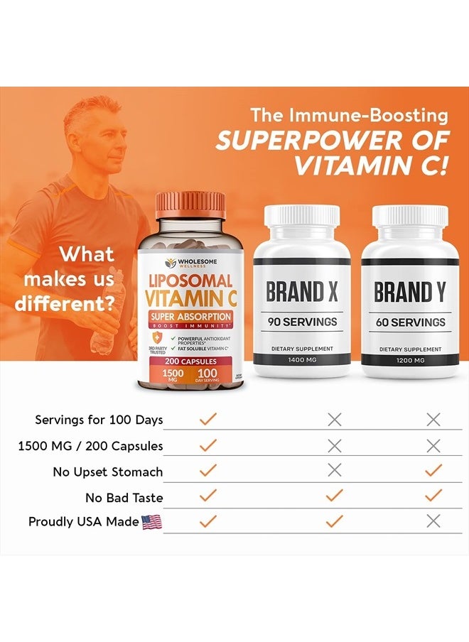Wholesome Wellness - Liposomal Vitamin C Capsules (200 Pills 1500mg Buffered) High Absorption VIT C, Immune System & Collagen Booster, High Dose Fat Soluble Immunity Support Ascorbic Acid Supplement, Natural Vegan - Image 1