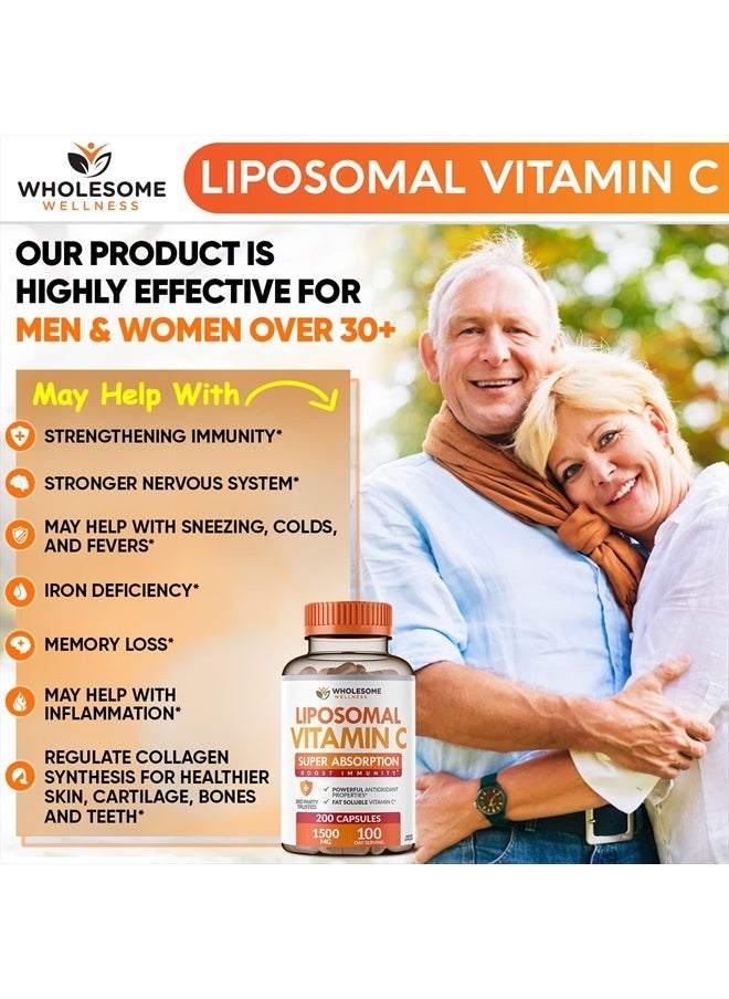 Wholesome Wellness - Liposomal Vitamin C Capsules (200 Pills 1500mg Buffered) High Absorption VIT C, Immune System & Collagen Booster, High Dose Fat Soluble Immunity Support Ascorbic Acid Supplement, Natural Vegan - Image 1